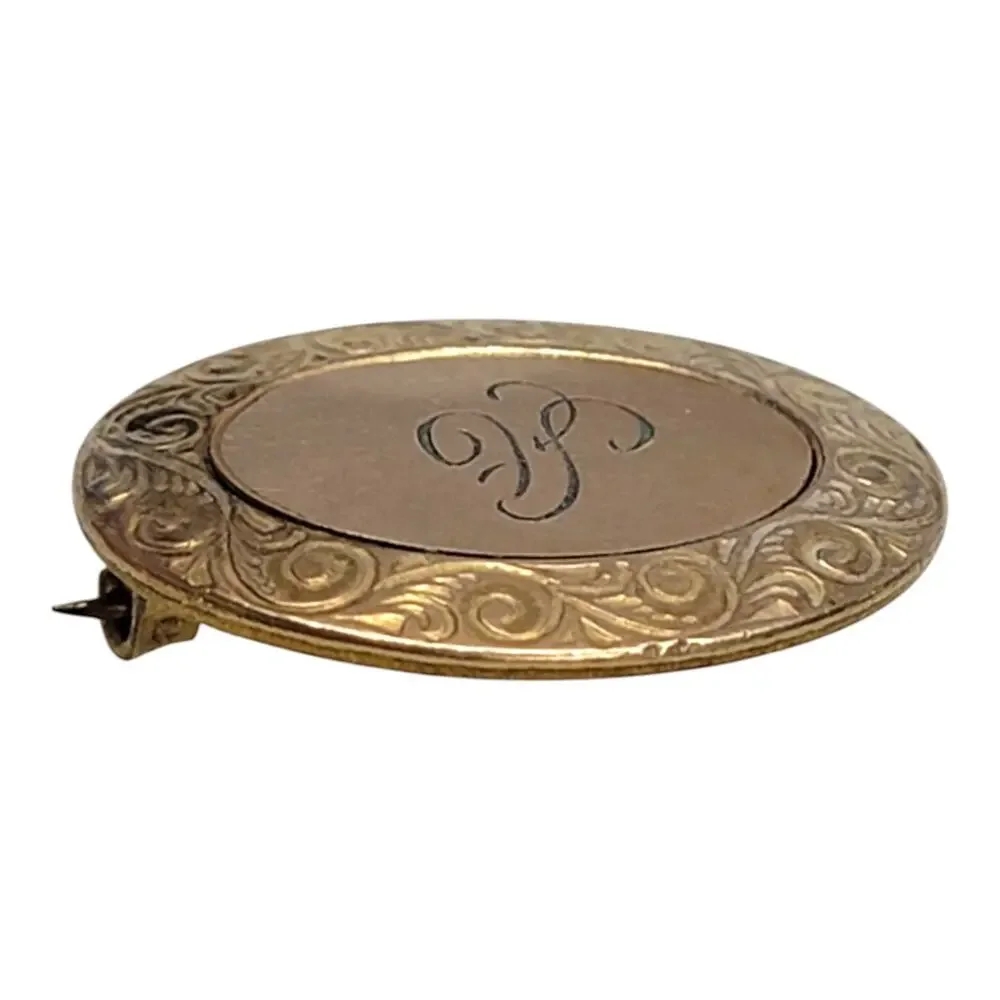 Antique CT Gold Filled Oval Engraved Monogram Brooch Pin Victorian Script A